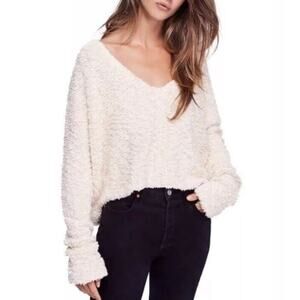 Free People Popcorn Sweater Womens Cream Ivory Songbird V-Neck